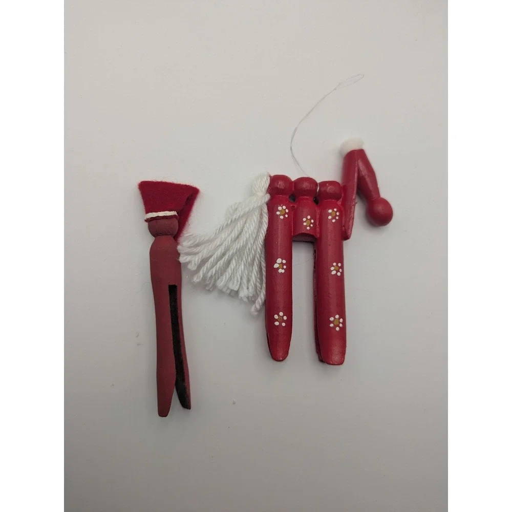 2‎ Vintage Christmas Ornaments Horse & Santa Old Wooden Clothespins Red White